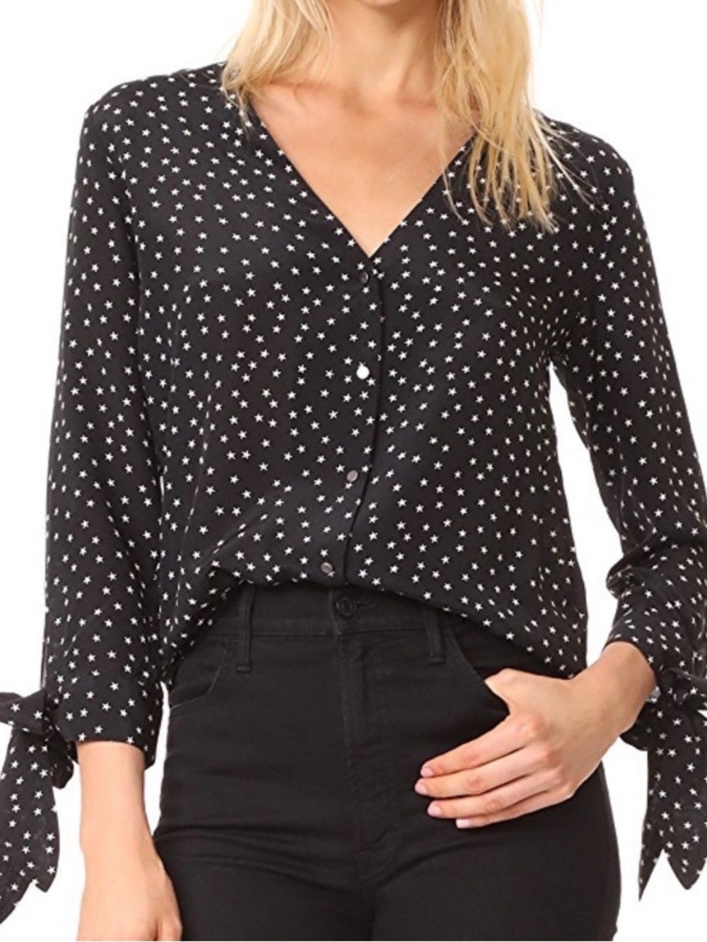 Madewell 100% Silk Star Print Blouse Black Long Sleeve Tie Cuff XS